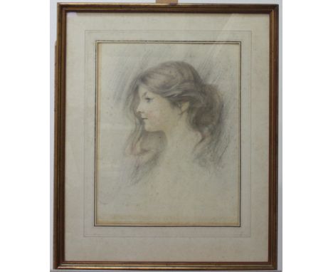 A watercolour of a seated gentleman and a portrait of a young lady in pencil and watercolour.