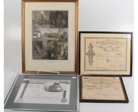 Mining memorabilia, to include three framed share certificates, South Crofty, Boscaswell Downs and Phoenix Silver Lead and a 