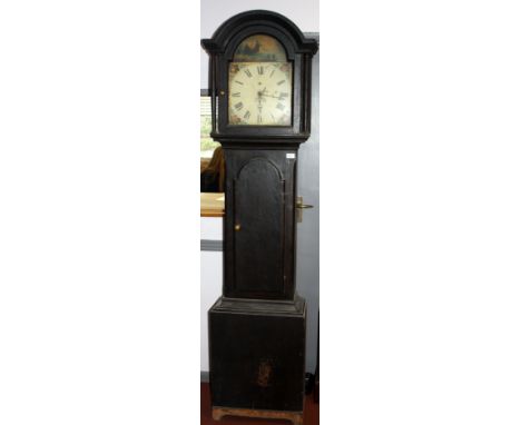 A Victorian pine 30 hour longcase clock with a painted arched dial, height 207cm.