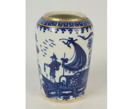A Worcester blue and white porcelain tea caddy, 18th century, printed with the 'Fisherman and Cormorant' pattern, disguised W