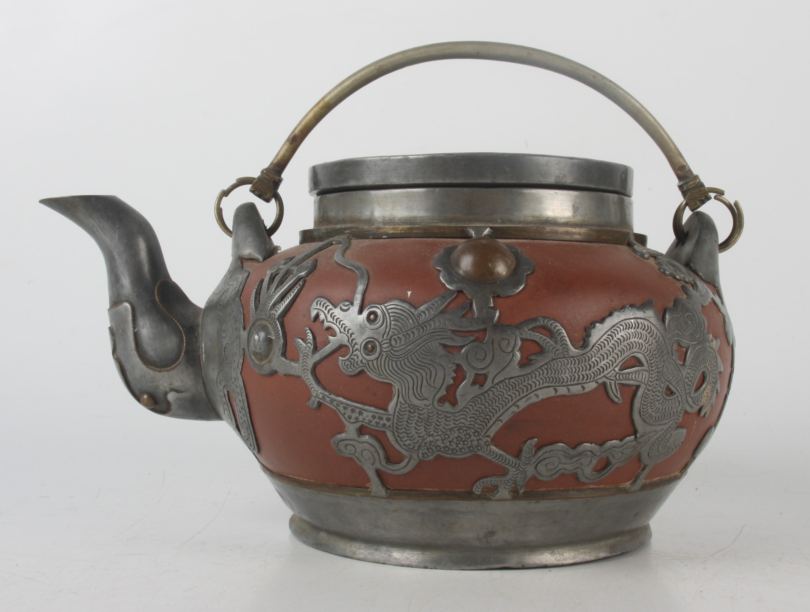 A Chinese Yixing and pewter mounted teapot, with stylised dragons to