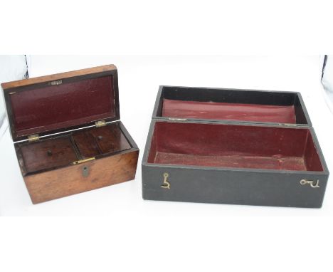 A Victorian mahogany tea caddy and a leather domed casket, height 15.5cm, width 34cm, depth 17cm.
