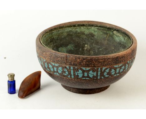 An Arts &amp; Crafts treen bowl, height 12cm, diameter 24.5cm, a horn snuff box and a blue glass scent bottle, height 5cm.