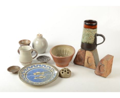 A Leach Studio pottery celadon glazed lamp base, a Leach flower spreader and other ceramics, including a David Leach tea bowl