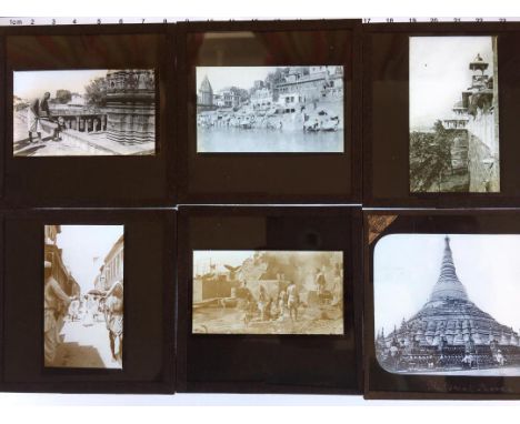 A wooden box of 48 magic lantern slides. Early images of India, c1890s/1900. Many tourist images of famous locations: Agra, E