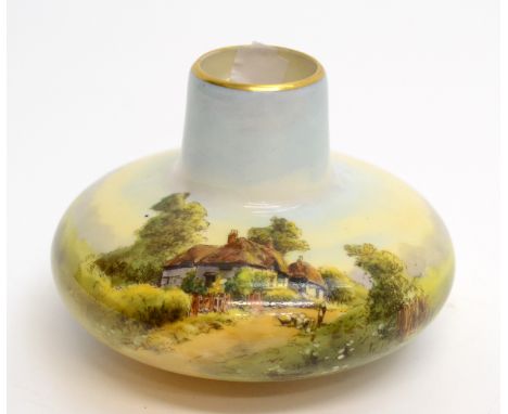 A Royal Worcester Offenham pattern squat vase shape 2451, painted with thatched cottages signed W.Long, height 7.5cm.