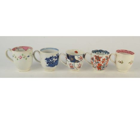 Five 18th century cups variously Worcester, Penningtons, Liverpool and New Hall. Condition report: All four cups have various