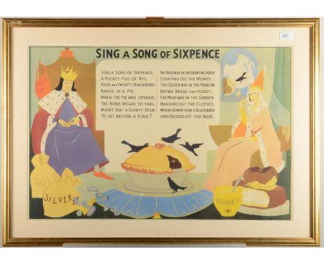 A 1930s coloured educational print entitled 'Sing A Song Of Sixpence', picture size 49 x 74cm. 