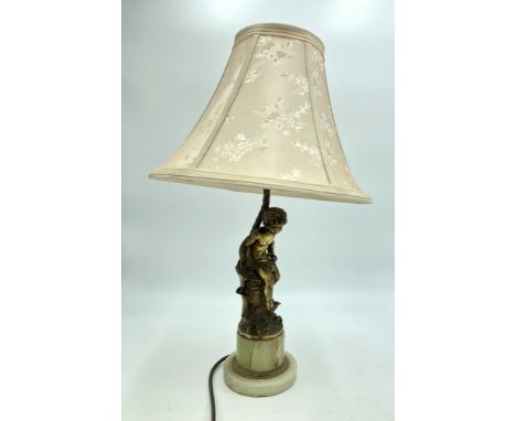 A gilt metal figural table lamp, after Moreau, modelled as a child sat on a tree trunk, on onyx circular base, height 33cm. 