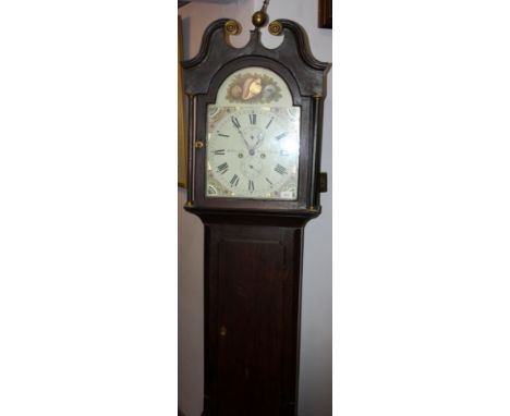 A George III oak longcase clock, the arched painted dial inscribed 'Ja's Gourlay, Newton Stewart', height 207cm.