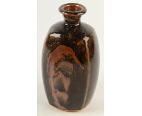 A John Leach studio pottery tenmoku glazed bottle vase, of rectangular section, height 22.4cm, impressed marks, exhibition No