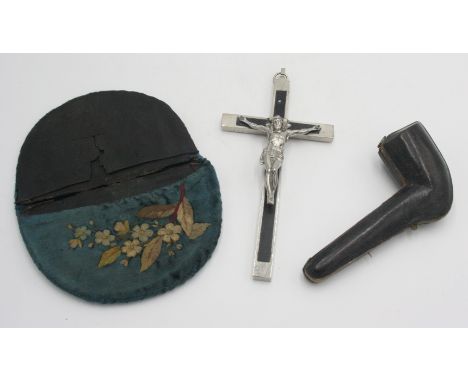 A Meerschaum silver mounted pipe, cased, a crucifix and an embroidered pouch.