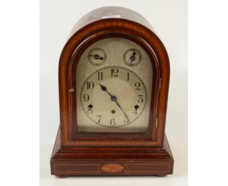 An inlaid mahogany Westminster chime mantle clock, early 20th century, height 38.3cm, width 29.3cm, depth 18.2cm. 