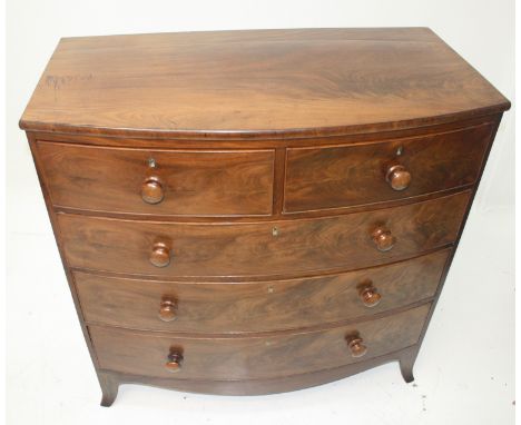 A Victorian mahogany bow front chest of drawers, with two short and three long drawers, on splay bracket feet, height 107 cm,