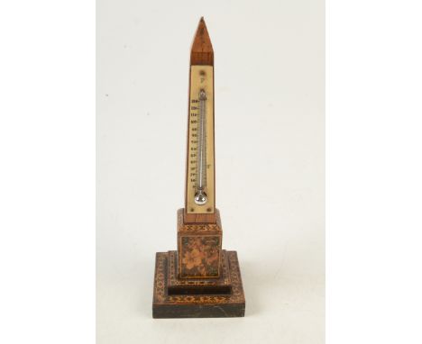 A Victorian Tunbridgeware obelisk desk thermometer, height 19.5cm, width 6.3cm, depth 6.1cm.