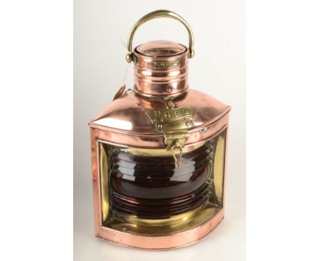 A copper port ships navigation lamp, circa 1930, by Paskall Atkey &amp; Son, Cowes, height 39cm, width 24cm.