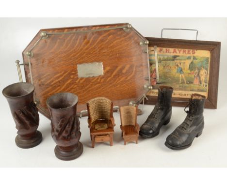 Two wooden goblets, possibly Pitcairn Islands, each carved with a hand, height 19cm and 18.5cm, two dolls house furniture mod