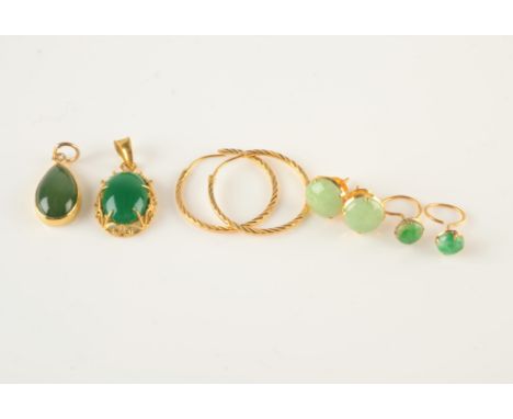 Two gold mounted jade pendants and two pairs of gold mounted jade earrings, together with a pair of high purity gold earrings
