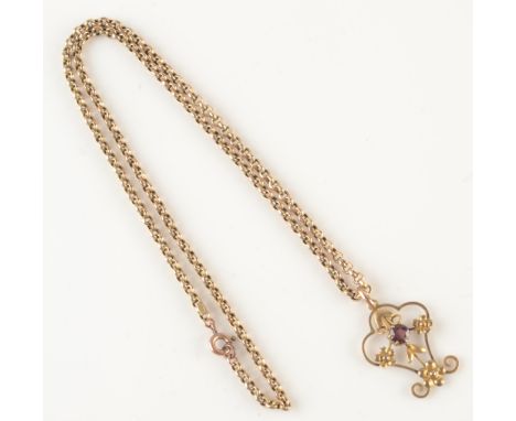 A floral 9ct gold and amethyst pendant on a 9ct gold belcher link chain, 7g.