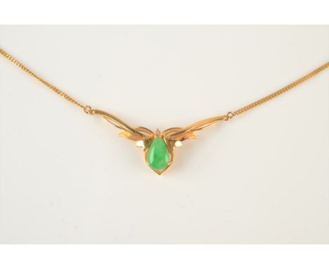 An 18ct gold post war necklace set with jade and a small diamond, 9.8g.