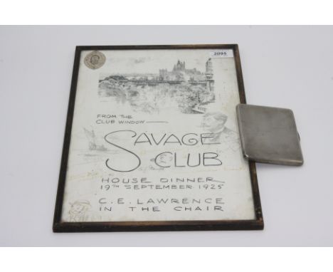 An engine turned silver cigarette case inscribed 'Tom Purvis, Savage Club London', together with a Savage Club dinner announc