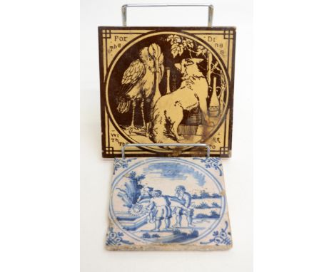 A Delft pottery blue and white tile, depicting a burial, 12.5cm and a Mintons tile, 15.3cm square.