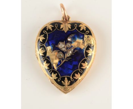 An engraved Victorian gold heart shaped locket, one side holds a miniature portrait, the other is chased, enamelled and diamo