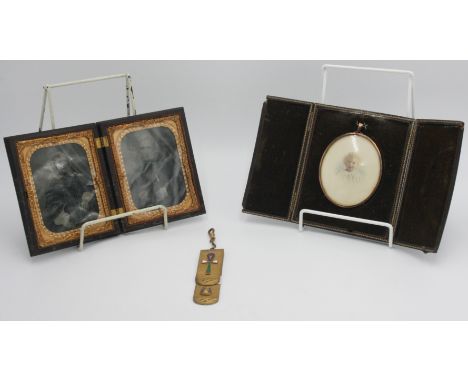 Two photographic portraits in Union case, a portrait of a child in folding leather case and a gilt metal strap.