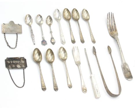 A set of six silver Walker &amp; Hall golfing coffee spoons, a silver fork, a pair of late 18th century Irish silver sugar to