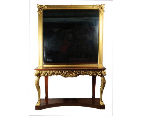 An impressive console table in the manner of James Del Vecchio, with rosewood veneered top supported on carved gilt lion mono