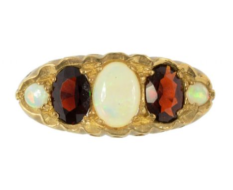 AN OPAL AND GARNET FIVE STONE RING, IN 9CT GOLD, 3.7G