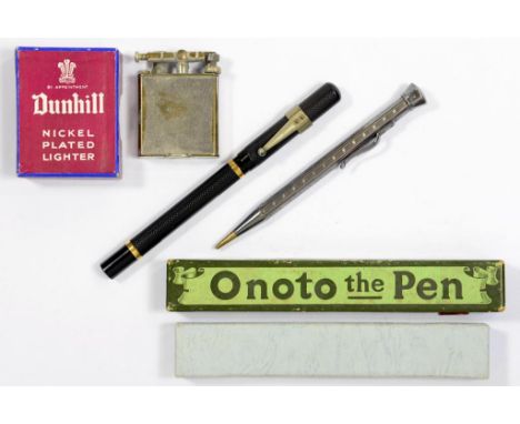 A DE LA RUE & CO LTD ONOTO FOUNTAIN PEN WITH PRINTED INSTRUCTIONS, GREEN CARD BOX, A SILVER DICTATOR PENCIL, IMPORT MARKED LO