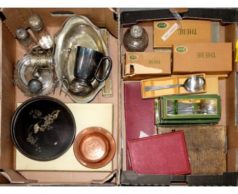 A SILVER CAPPED CUT GLASS SCENT BOTTLE, MISCELLANEOUS PLATED WARE AND LATER BOXED SETS OF FLATWARE INCLUDING STAINLESS STEEL,