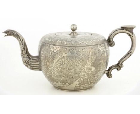 A CHINESE ENGRAVED PEWTER GLOBULAR TEAPOT AND COVER  11.5cm h, stamped WONG TAI STORE KEEPER and   PEWTER WARE SWATOW, early 