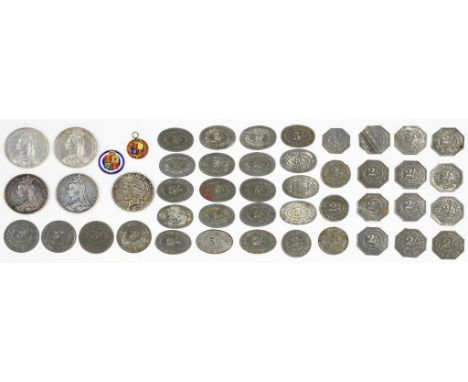 COINS.  CROWN 1889, 1890 (2), VICTORIAN ENAMELLED GILT SHILLING AND SIXPENCE, USA DOLLAR 1922 AND ROYAL ARSENAL CO-OPERATIVE 
