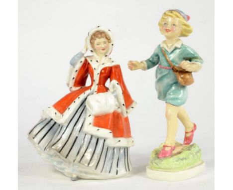 A ROYAL WORCESTER FIGURE OF THURSDAY'S CHILD, 19CM H, BLACK PRINTED MARK AND A ROYAL DOULTON BONE CHINA FIGURE OF NOELLE