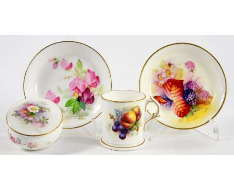 A ROYAL WORCESTER MINIATURE MUG, PAINTED WITH FRUIT, 6CM H, PUCE PRINTED MARK, A ROYAL WORCESTER POT AND COVER PAINTED WITH W