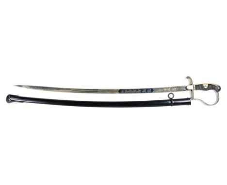 A GERMAN REPLICA INFANTRY OFFICER'S DRESS SWORD AND SCABBARD the fullered, etched and blued blade inscribed to one side FELD 