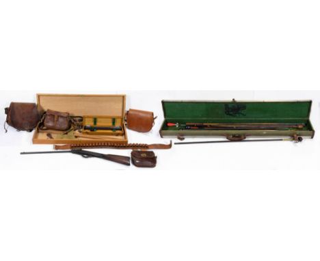 THREE LEATHER   CARTRIDGE BAGS, A LEATHER CARTRIDGE BAG AND BANDOLIER, A LIGHT OAK GUN CASE, AN AIR RIFLE AND AN ALDIS GUNSIG