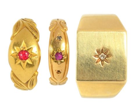 A VICTORIAN RUBY RING, GIPSY SET IN 22CT GOLD, BIRMINGHAM 1894, 4.1G, SIZE N, A SIMILAR SMALLER RING IN 18CT GOLD, WORN, 1.7G