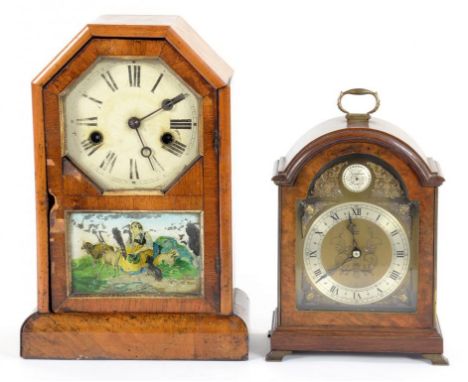 AN AMERICAN WALNUT MANTLE CLOCK WITH PRINTED AND PAINTED GLASS DOOR, 32CM H, LATE 19TH C AND REPRODUCTION MANTLE TIMEPIECE IN