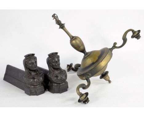 A PAIR OF FRENCH CAST ANDIRONS IN THE FORM OF AN EMBLEMATIC BUST INSCRIBED LORRIANE, 20CM H, 19TH C AND A BRASS THREE LIGHT C