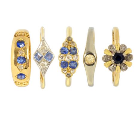 A VICTORIAN SAPPHIRE AND DIAMOND FIVE STONE RING, GYPSY SET IN 18CT GOLD, BIRMINGHAM 1892, SIZE M, A SAPPHIRE AND DIAMOND CLU