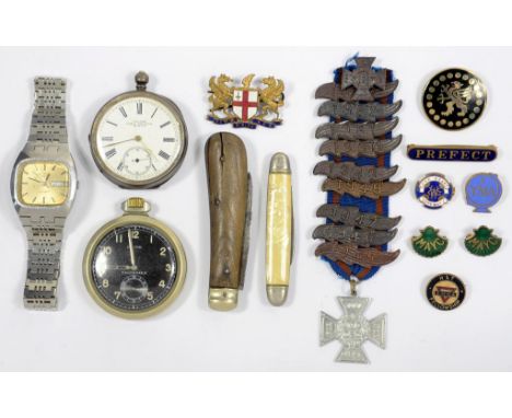 A NICKEL PLATED KEYLESS LEVER MILITARY TYPE WATCH, THE BLACK DIAL INSCRIBED REVUE THOMMEN, A ROTARY WRISTWATCH, TWO FOLDING K