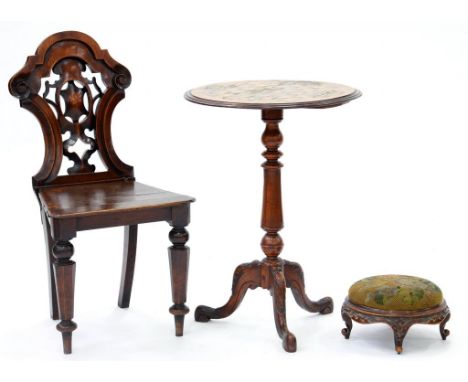 A VICTORIAN MAHOGANY HALL CHAIR, INLAID WALNUT TRIPOD TABLE AND FOOT STOOL WITH WOOLWORK TOP