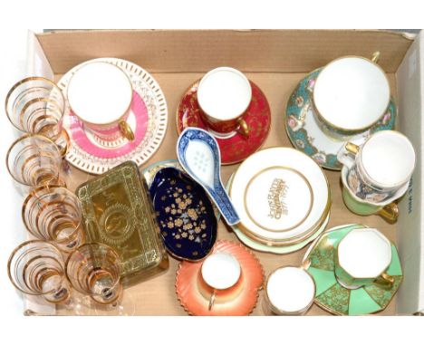 SEVEN ROYAL DOULTON NORITAKE AND OTHER DECORATIVE TEA AND COFFEE CUPS AND SAUCERS, 5 GILT WINE GLASSES, BRASS CHRISTMAS 1914 