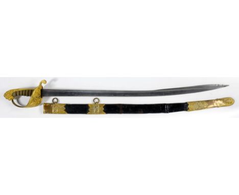 AN 1827 PATTERN ROYAL NAVAL OFFICER'S SWORD AND SCABBARD, C1840 by Prosser 9 Charring Cross, London, with etched, pipe backed