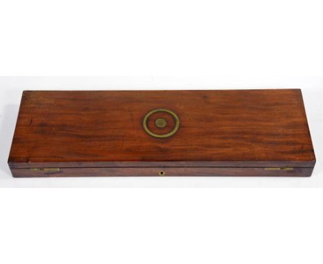 A VICTORIAN MAHOGANY SHOTGUN CASE, LATE 19TH C with brass ring handle to the lid and red felt lined and fitted interior, 80cm