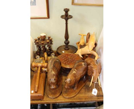 Wooden items including dolphin sculpture, hippos, inkstand, bobbin stand, gavel, etc