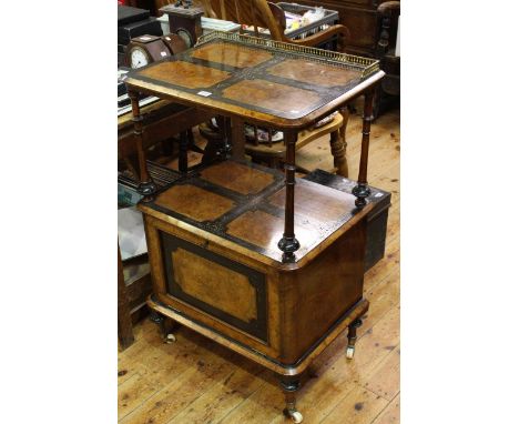 Victorian walnut and ebonised music cabinet having upper shelf raised on turned pillars above a fall front